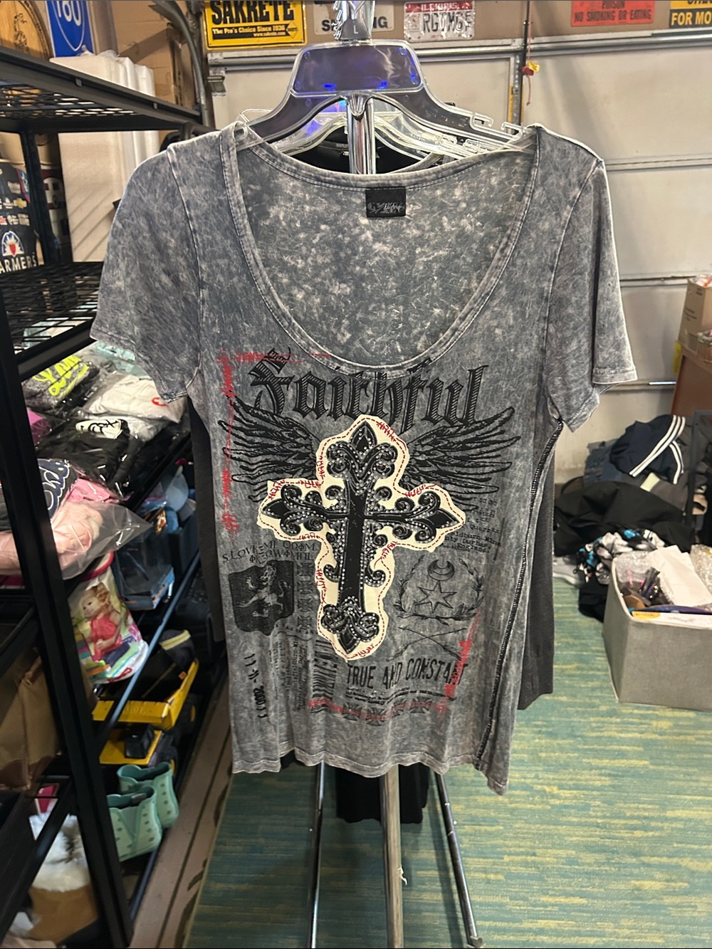 Daytrip Washed Gray Embellished Cross Short Sleeve Tee